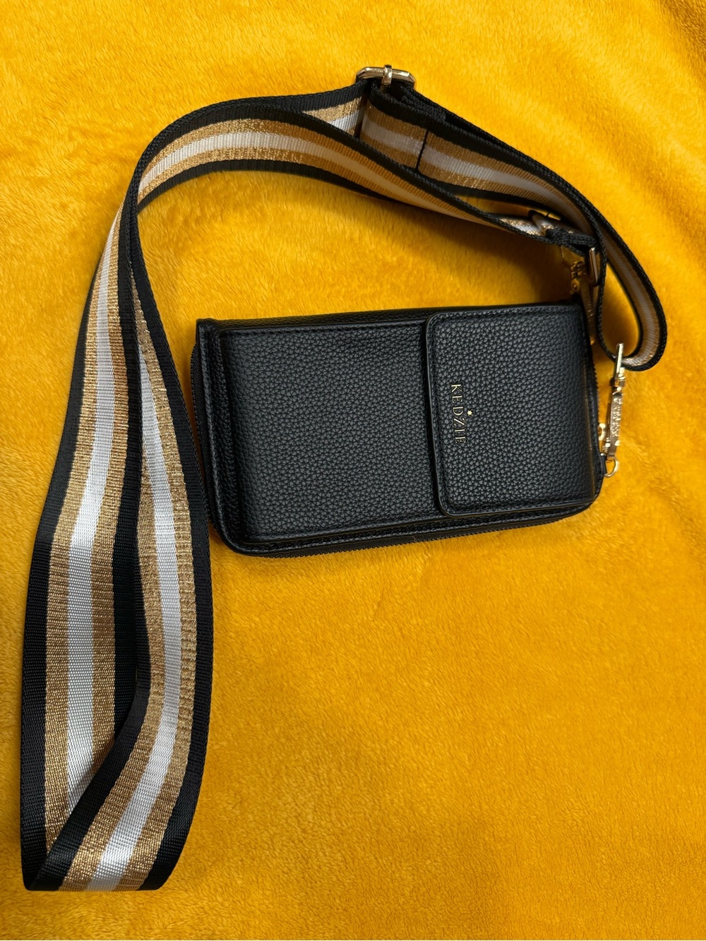 N.D. V.? Black Leather Crossbody Card & Key Holder with Striped Strap